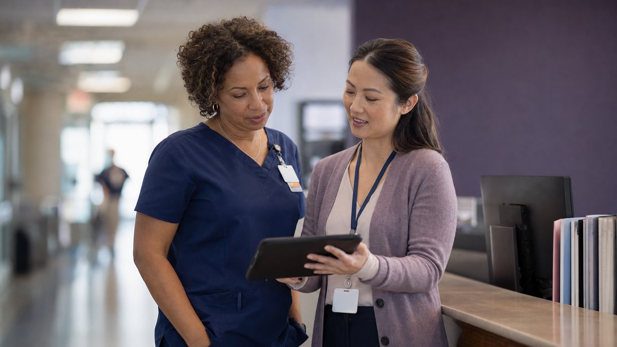 A nurse in navy scrubs and a hospital credentialing coordinator review license information on a tablet at a nurses' station
